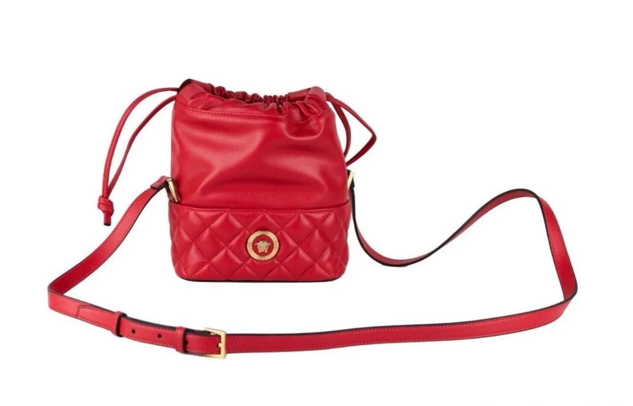 Red Quilted Leather Drawstring Shoulder Bag Bucket Crossbody Handbag sold by Louxly