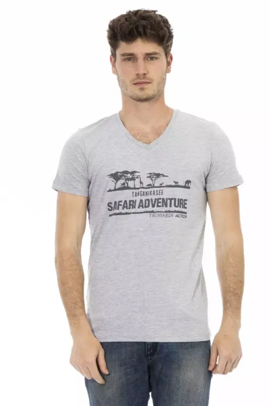 Gray Cotton Men V-Neck T-Shirt sold by Louxly