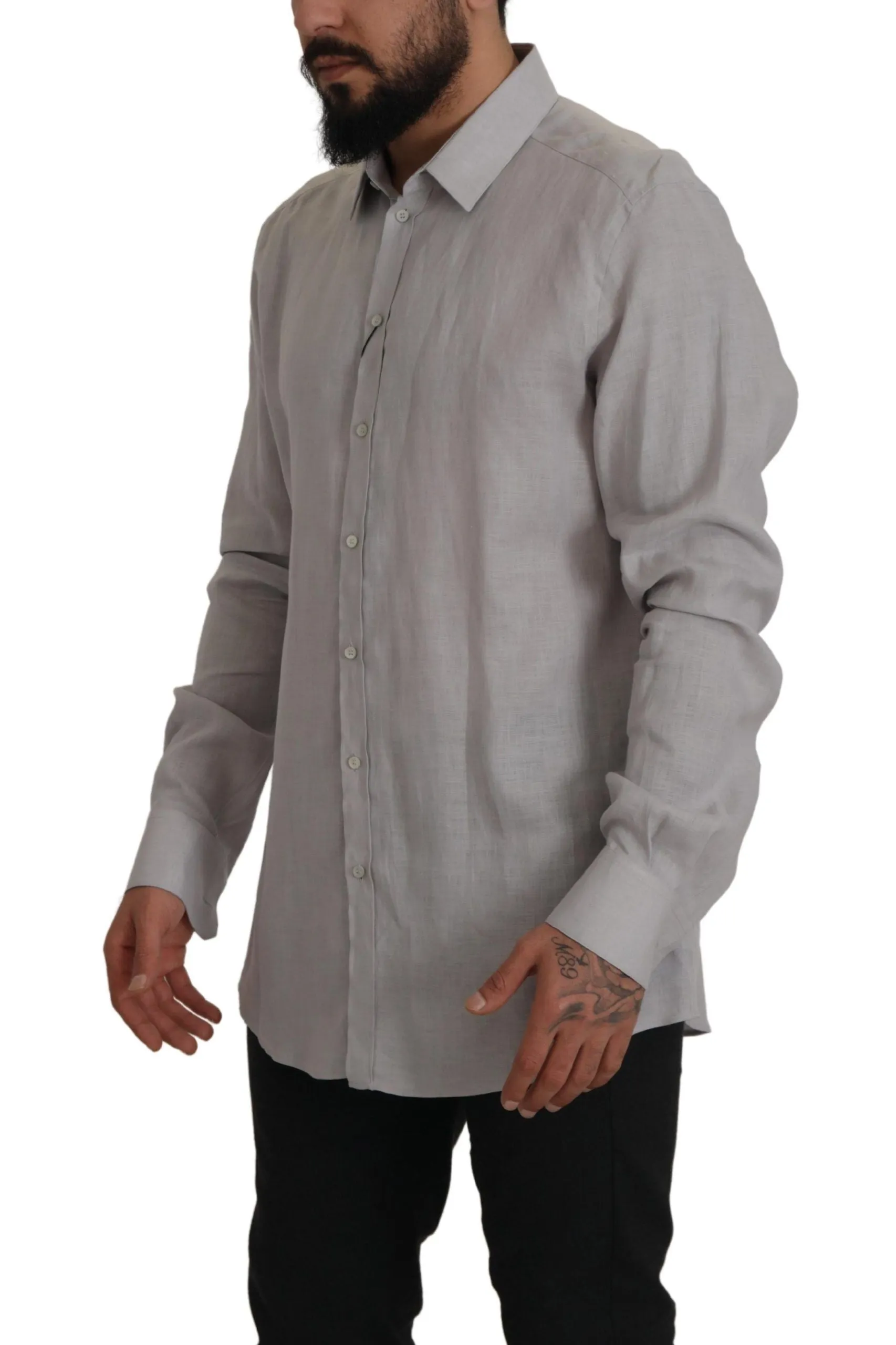 Elegant Grey Slim Fit Linen Shirt sold by Louxly product image thumbnail 4