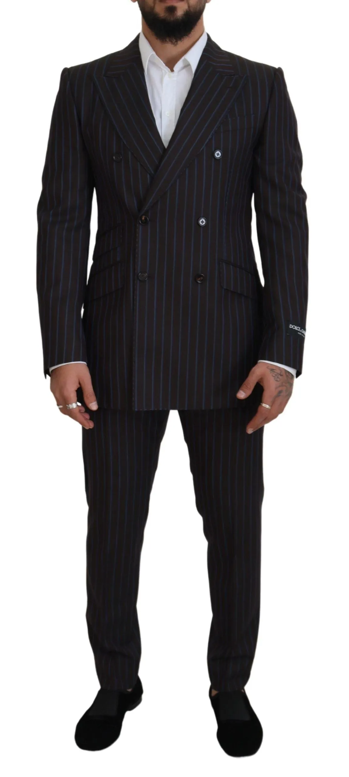Elegant Black Striped Virgin Wool Suit sold by Louxly