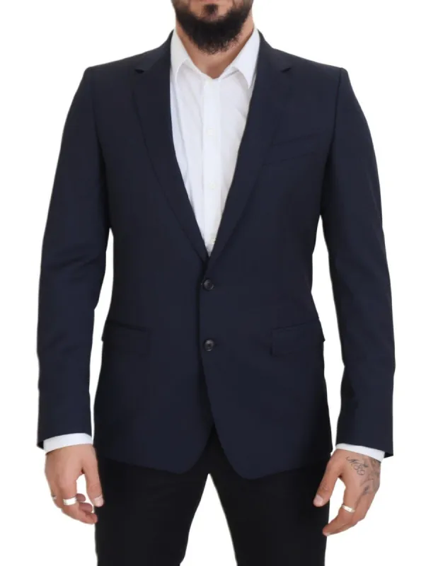 Elegant Dark Blue Slim Fit Wool Blazer sold by Louxly