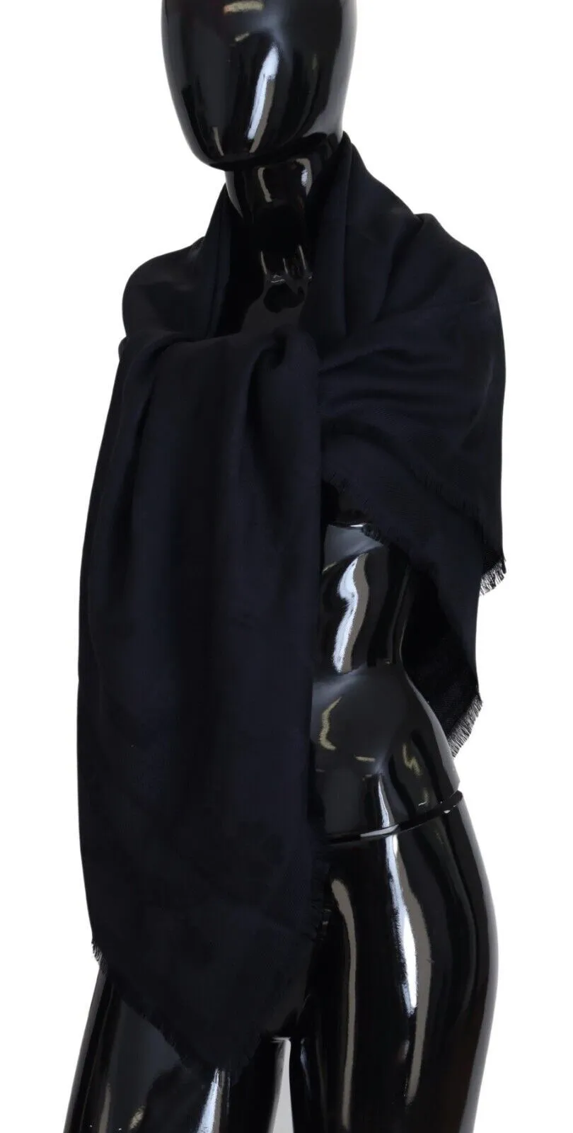 Elegant Silk-Wool Fringed Scarf in Dark Blue sold by Louxly product image thumbnail 2