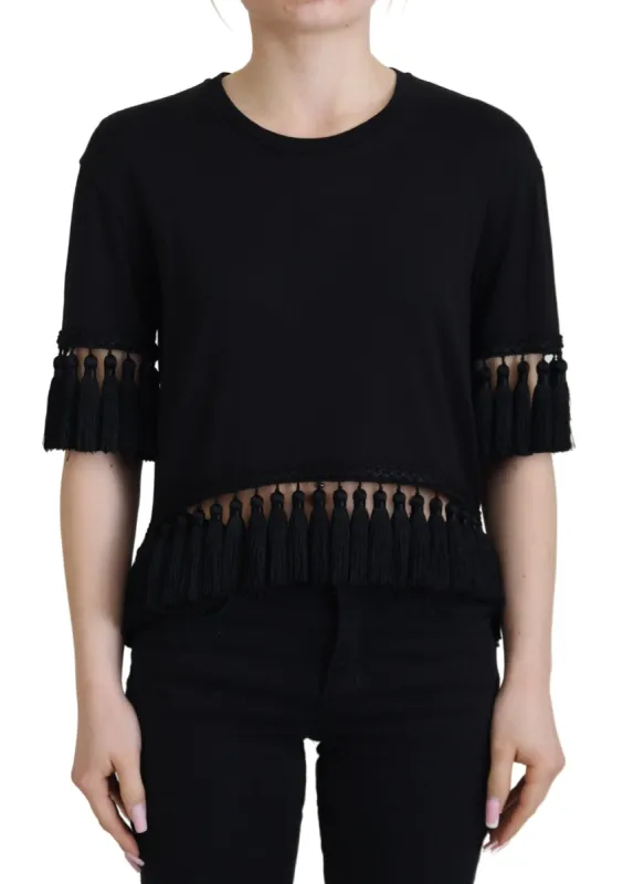 Elegant Black Cotton Short Sleeve Tee sold by Louxly