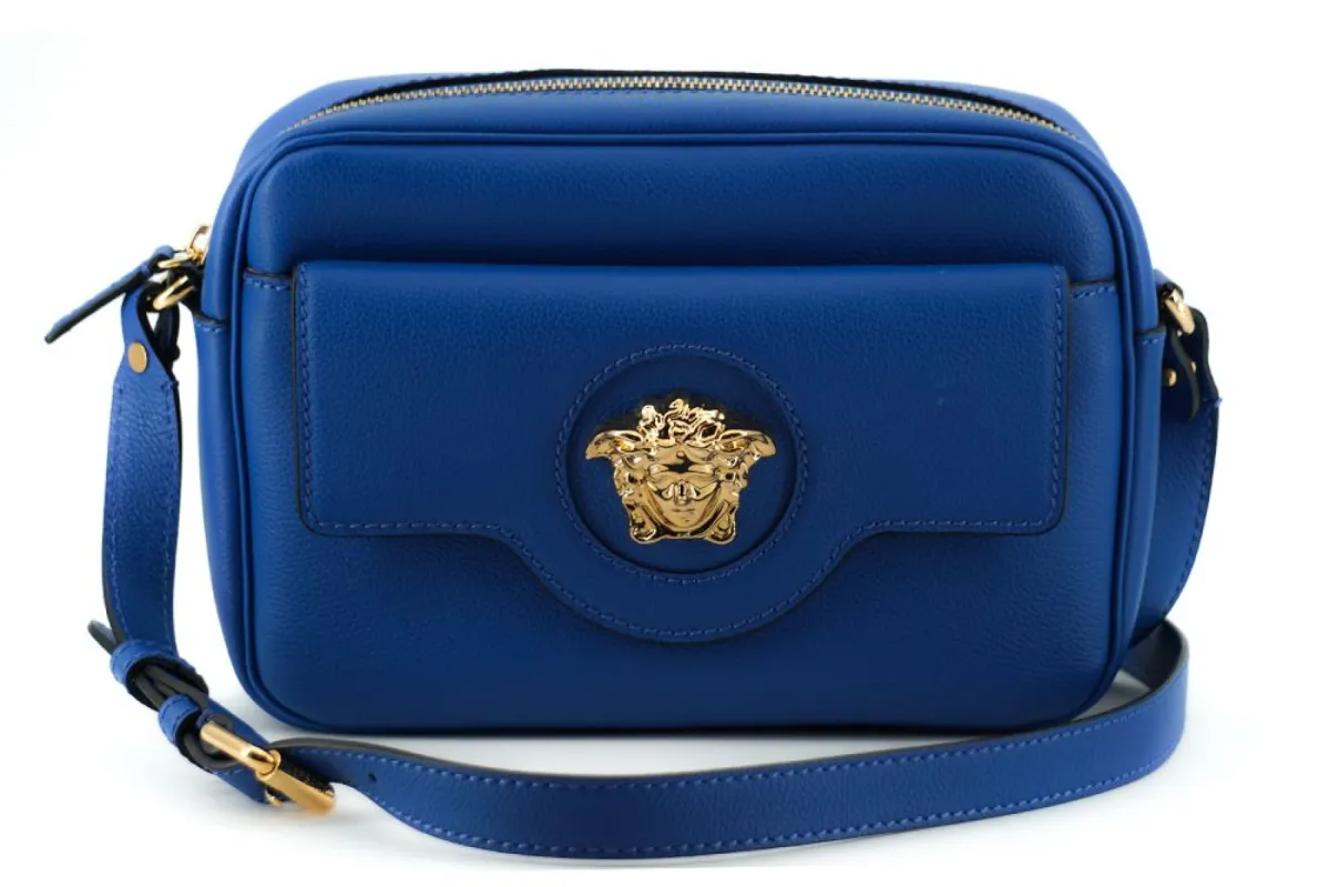 Elegant Blue Calf Leather Camera Case Bag made by Versace