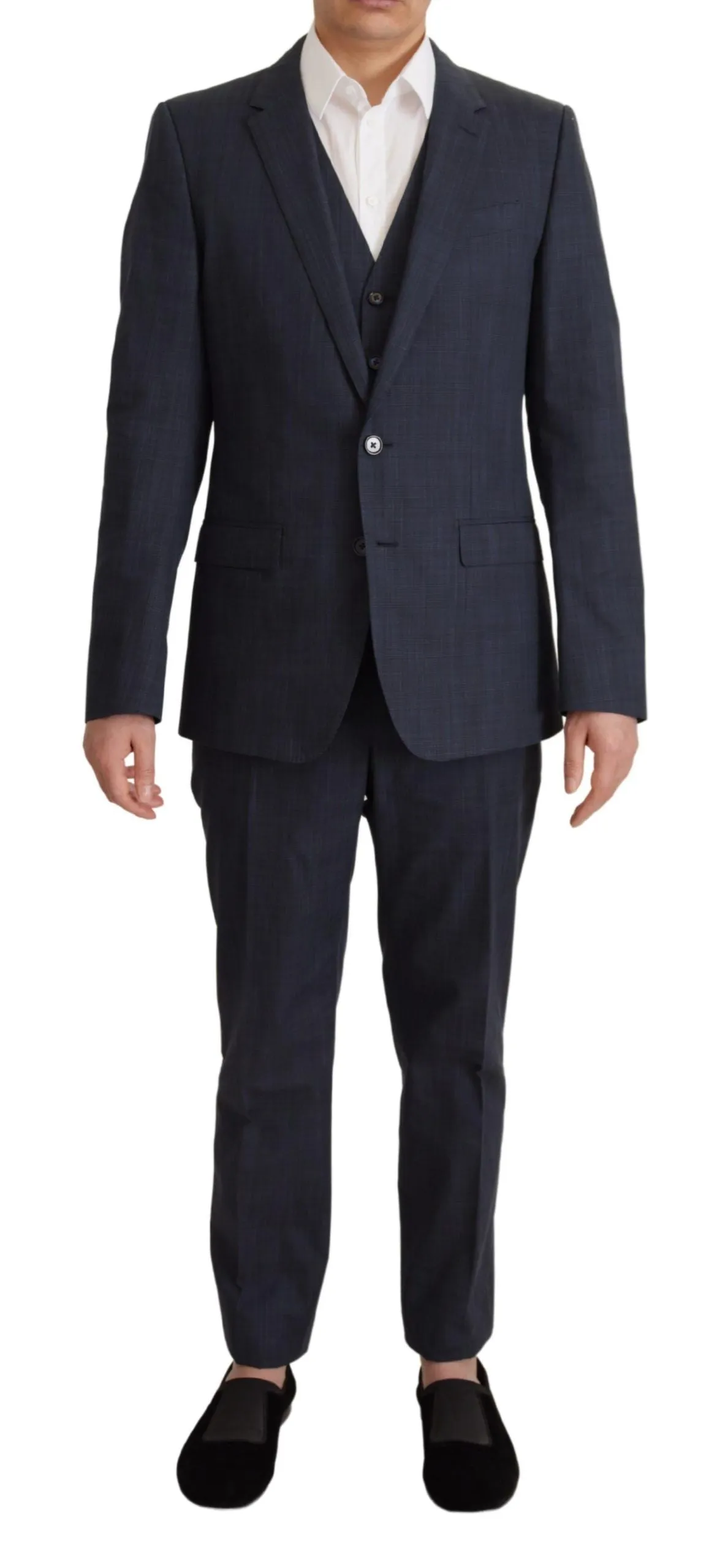 Elegant Dark Blue Cotton Three Piece Martini Suit sold by Louxly