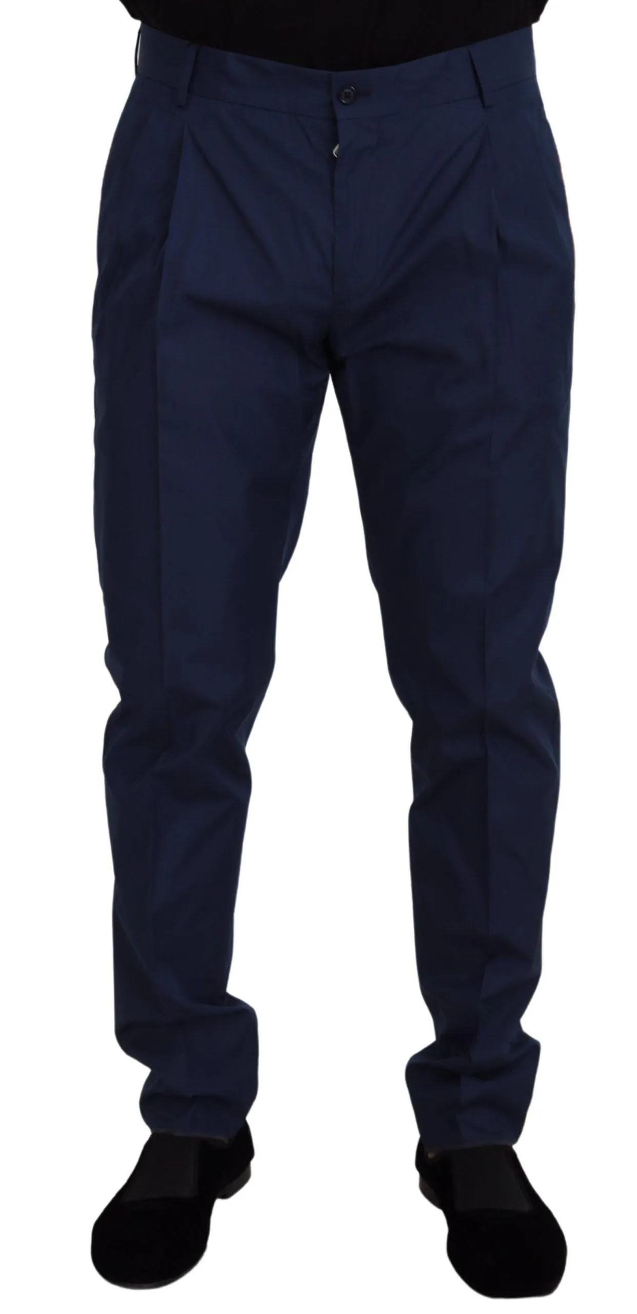 Elegant Slim Fit Chinos in Blue Silk Blend sold by Louxly
