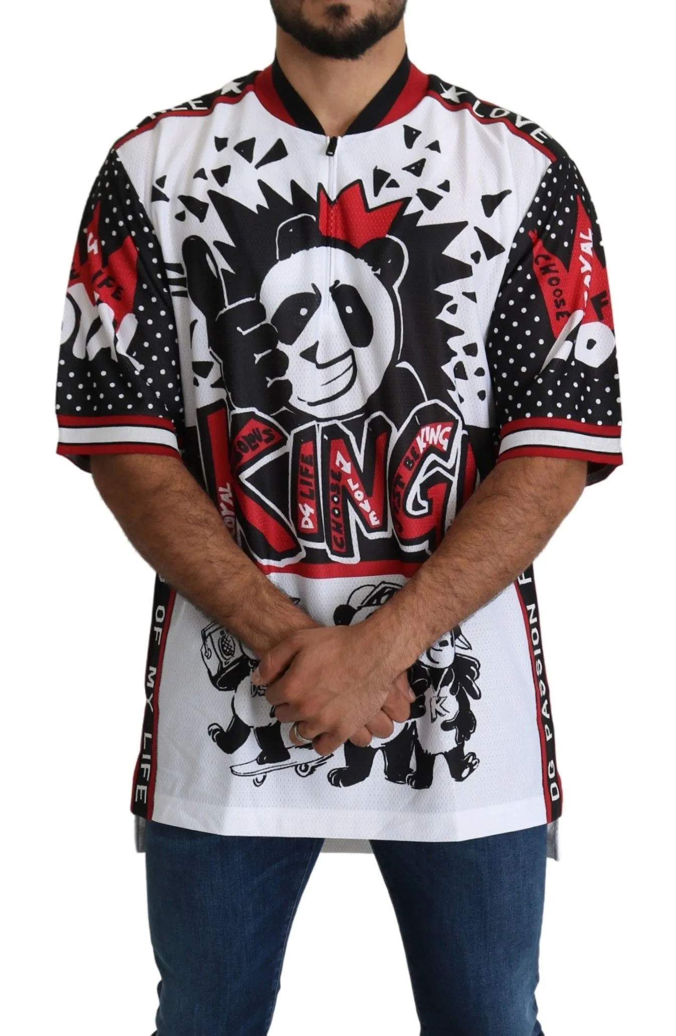 Chic White King Panda Print Zipper Collar Tee sold by Louxly product image thumbnail 5