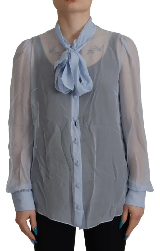 Elegant Silk Ascot Collar Blouse in Light Blue sold by Louxly
