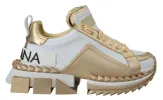 Elegant White and Gold Leather Sneakers sold by Louxly