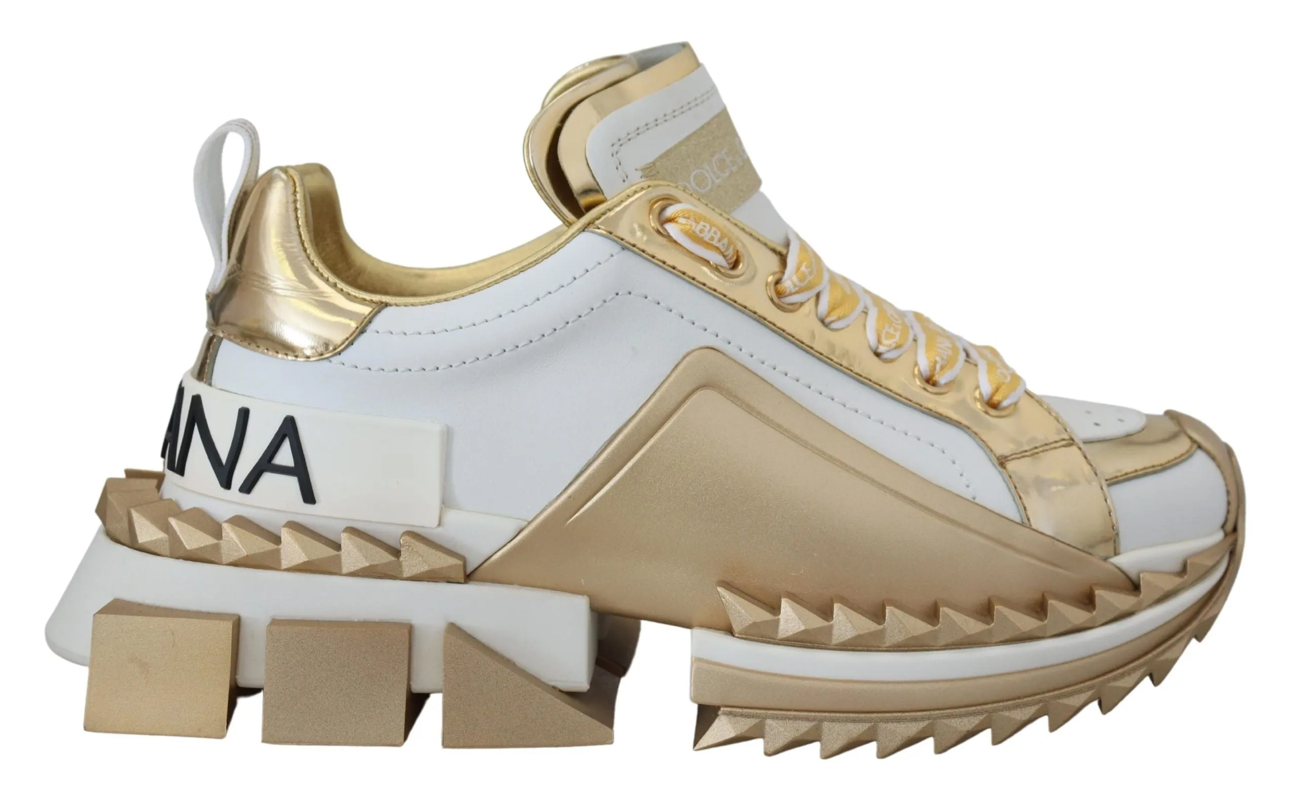 Elegant White and Gold Leather Sneakers sold by Louxly