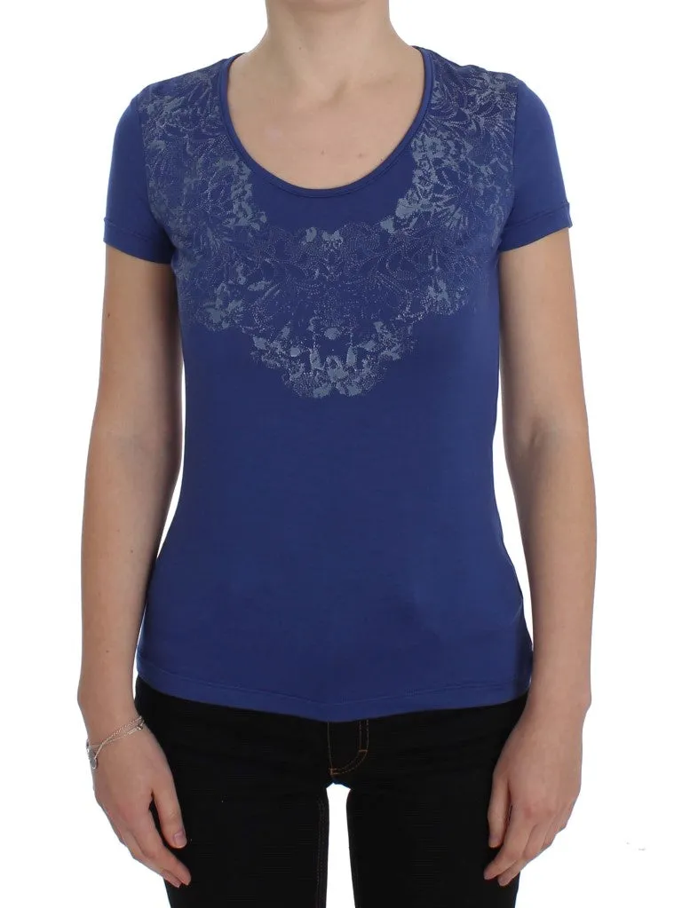 Elegant Blue Crew Neck Tee with Logo Detail sold by Louxly