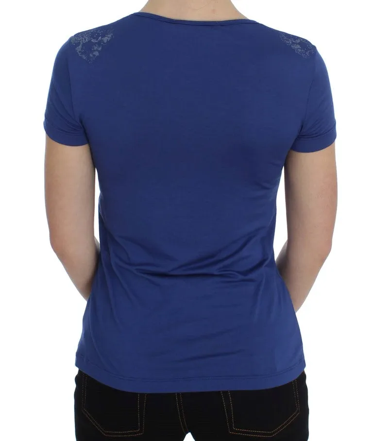 Elegant Blue Crew Neck Tee with Logo Detail sold by Louxly product image thumbnail 3