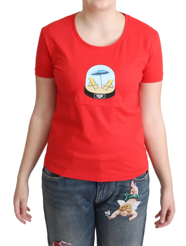 Chic Red Cotton Tee with Signature Print sold by Louxly