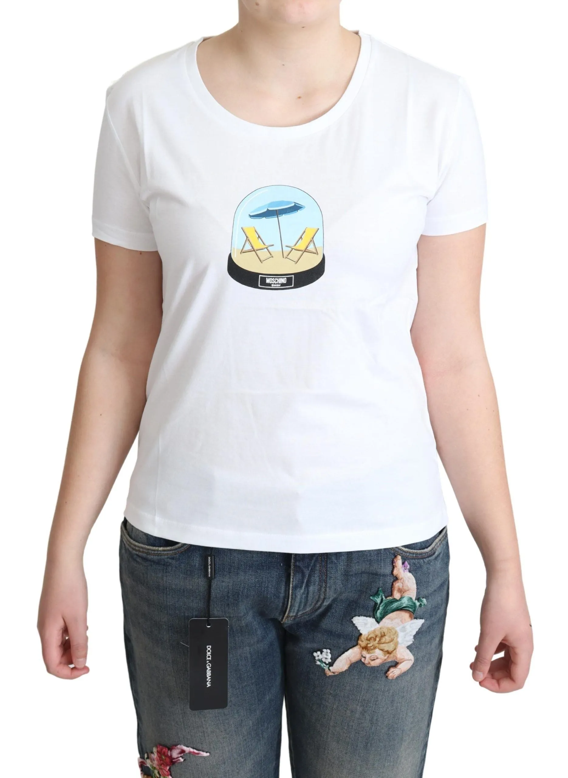 Chic White Cotton Tee with Iconic Print sold by Louxly