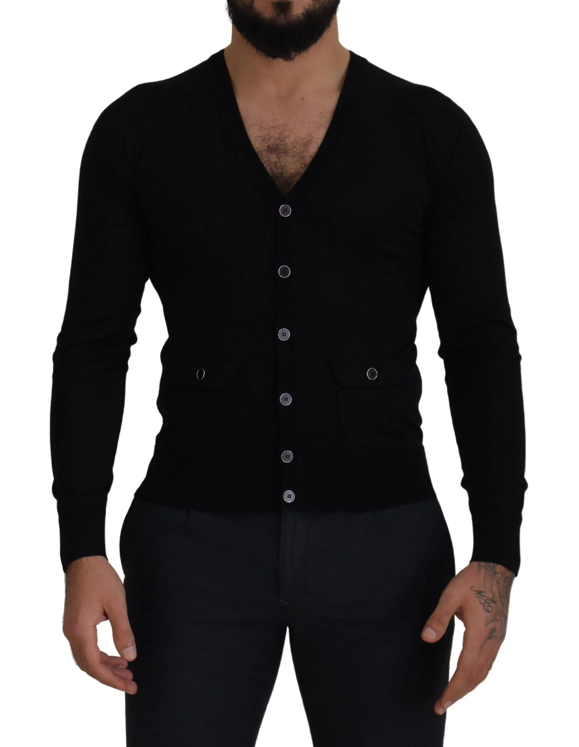Elegant Wool Buttoned Black Cardigan sold by Louxly