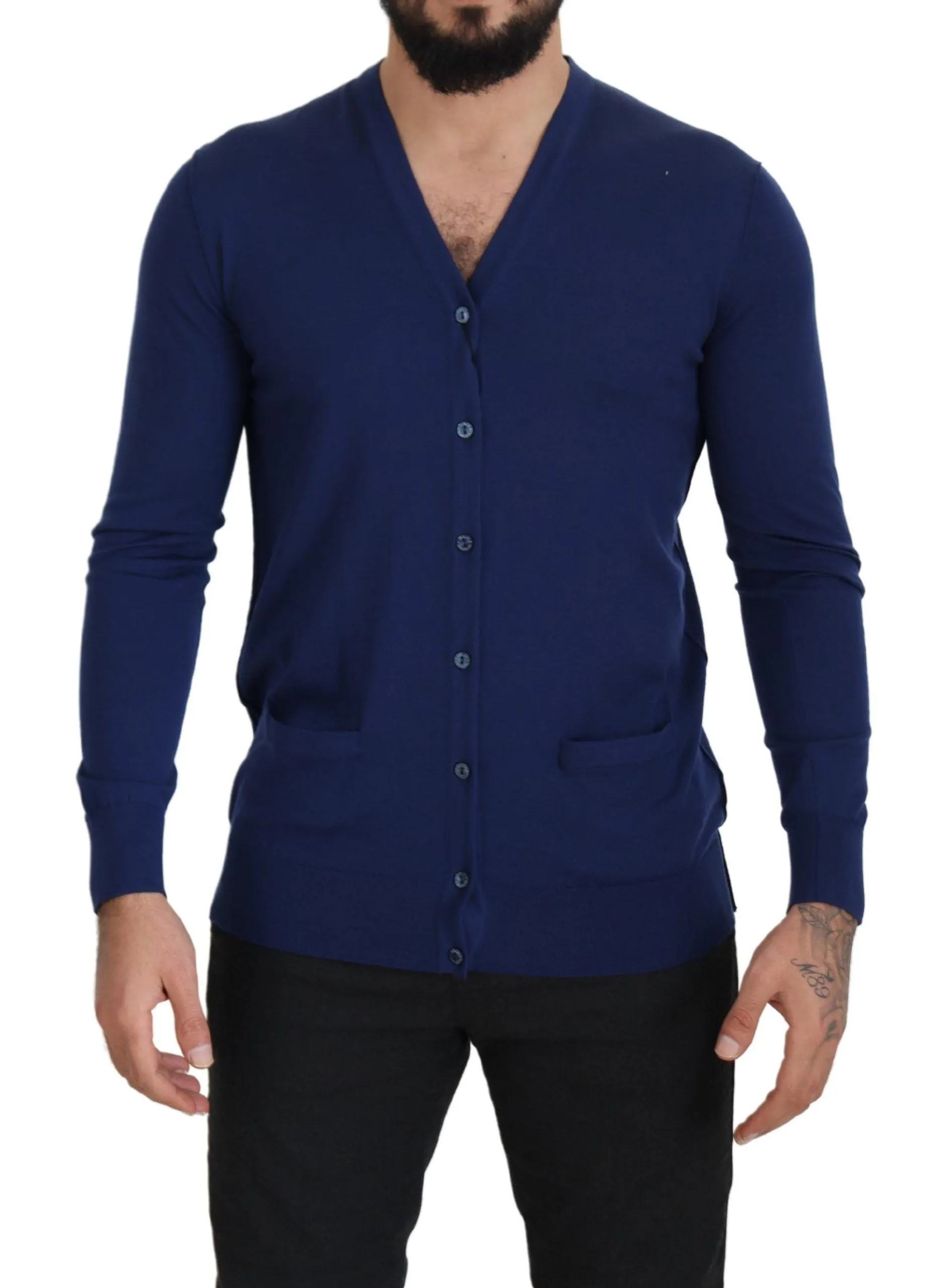 Elegant Virgin Wool Blue Cardigan Sweater sold by Louxly