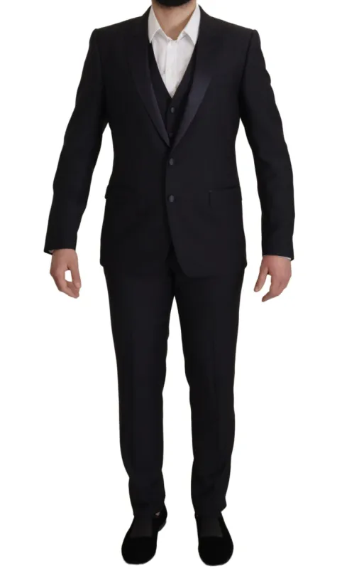 Elegant Black Three-Piece Wool Blend Suit sold by Louxly