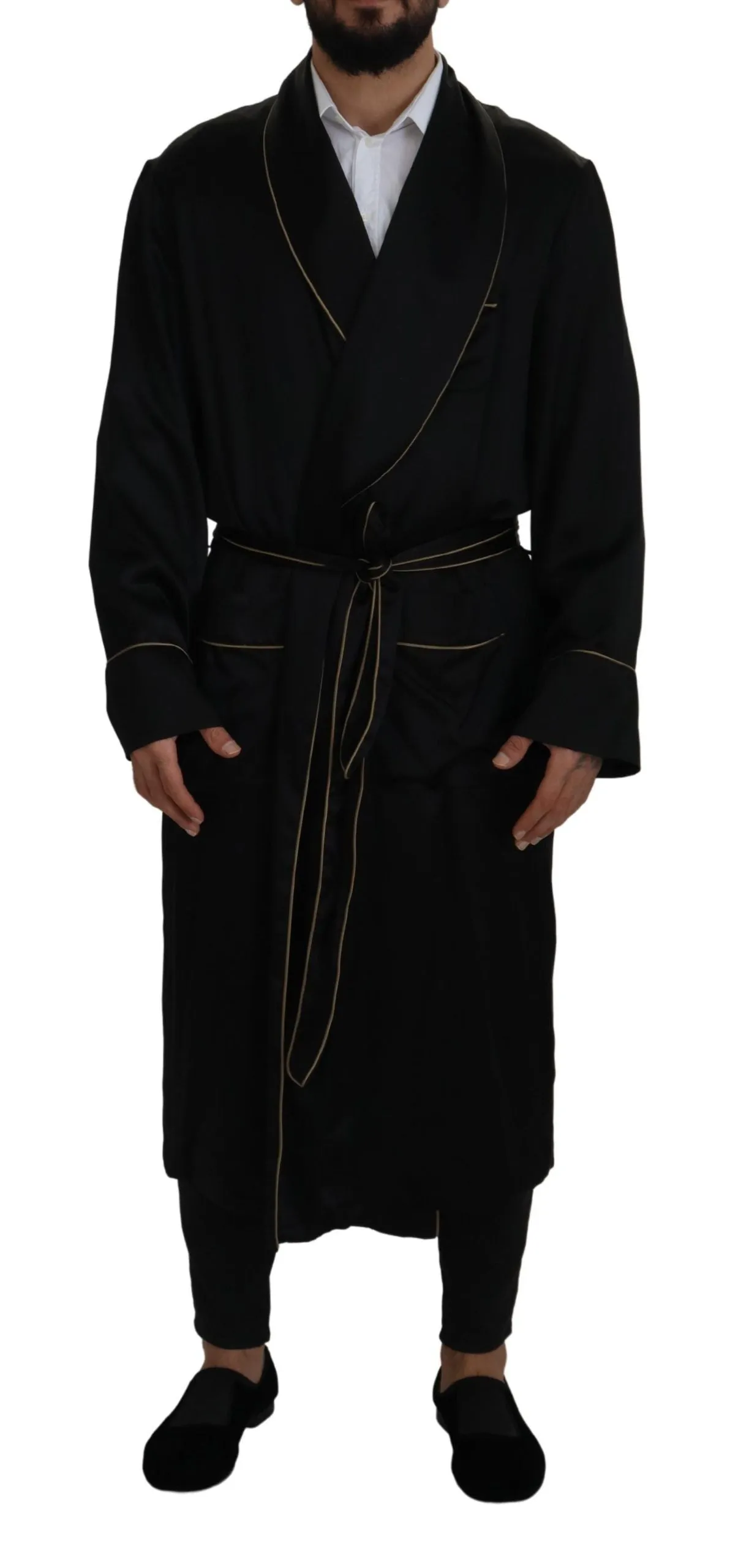 Elegant Black Silk Long Robe Coat sold by Louxly