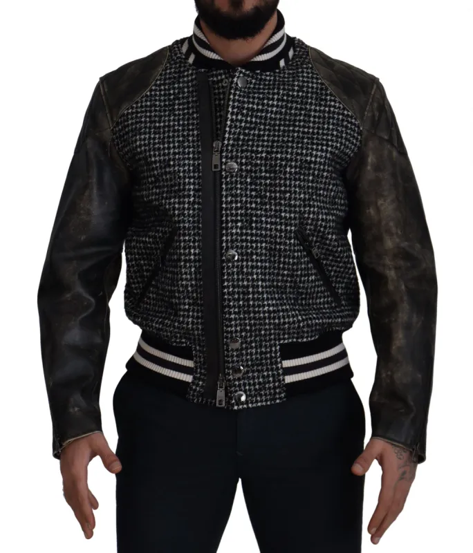 Multicolor Houndstooth Leather Bomber Jacket sold by Louxly