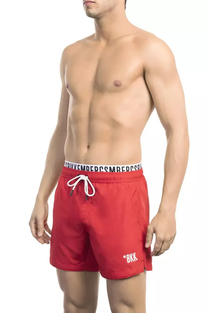 Red Polyester Men Swim Short sold by Louxly