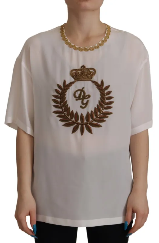 Elegant Silk Blouse with Gold Crown Embroidery sold by Louxly