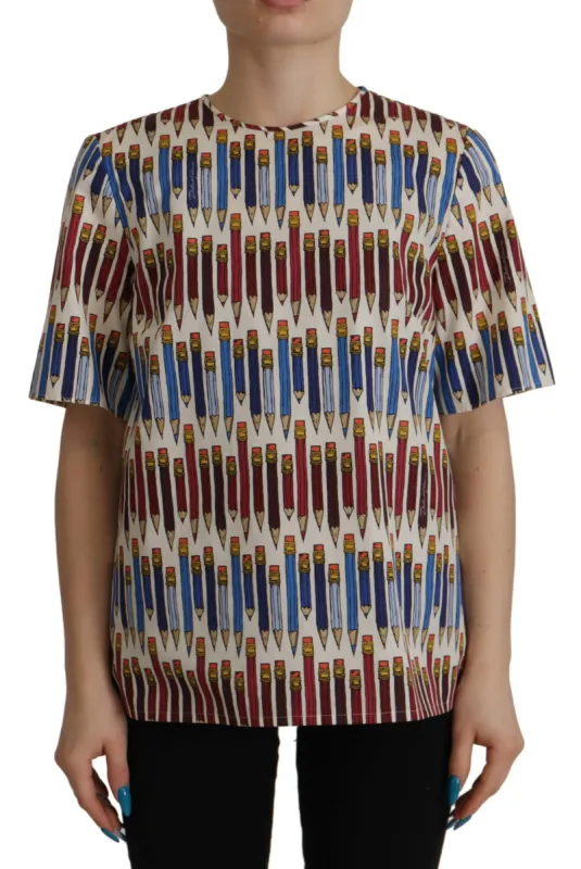 Chic White Pencil Print Short Sleeve Blouse sold by Louxly