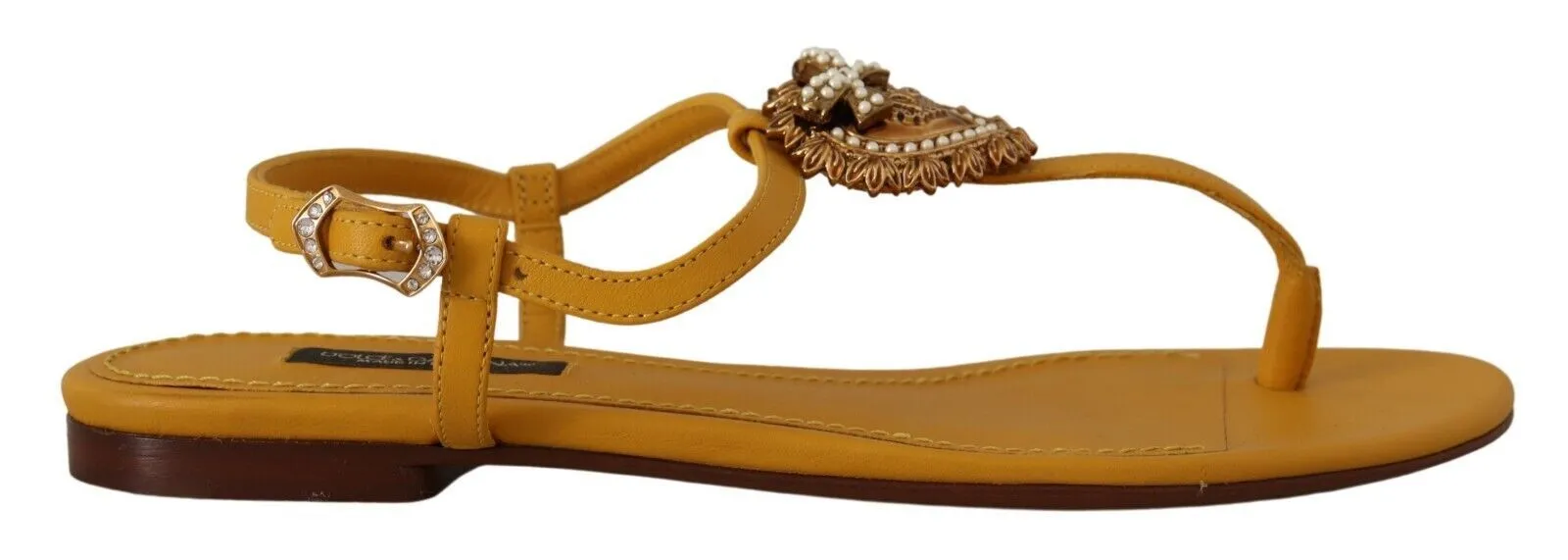 Mustard T-Strap Flat Sandals with Heart Embellishment sold by Louxly