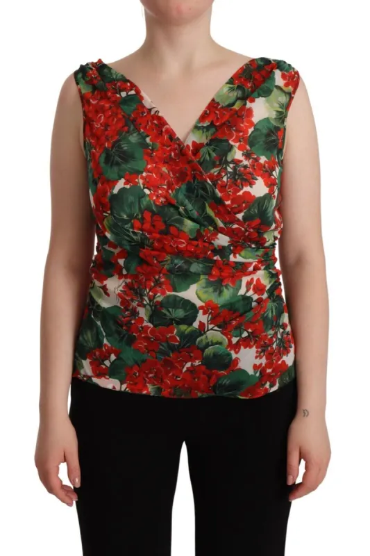 Elegant V-Neck Geranium Print Silk Tank Top sold by Louxly