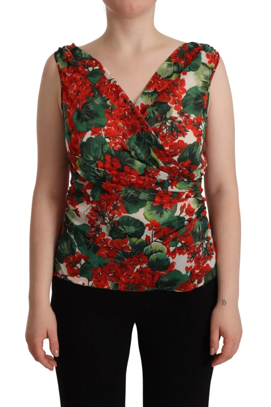 Elegant V-Neck Geranium Print Silk Tank Top sold by Louxly