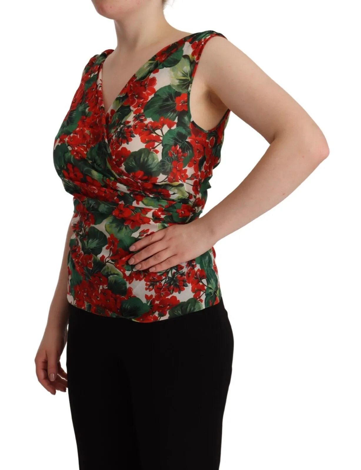 Elegant V-Neck Geranium Print Silk Tank Top sold by Louxly product image thumbnail 2