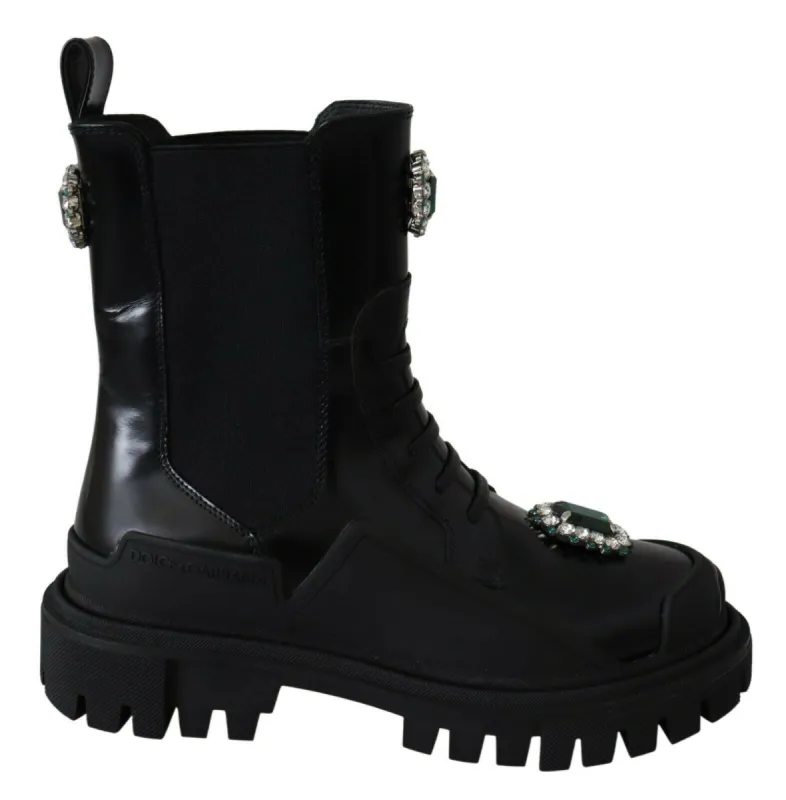 Elegant Black Leather Combat Boots with Crystal Detail sold by Louxly