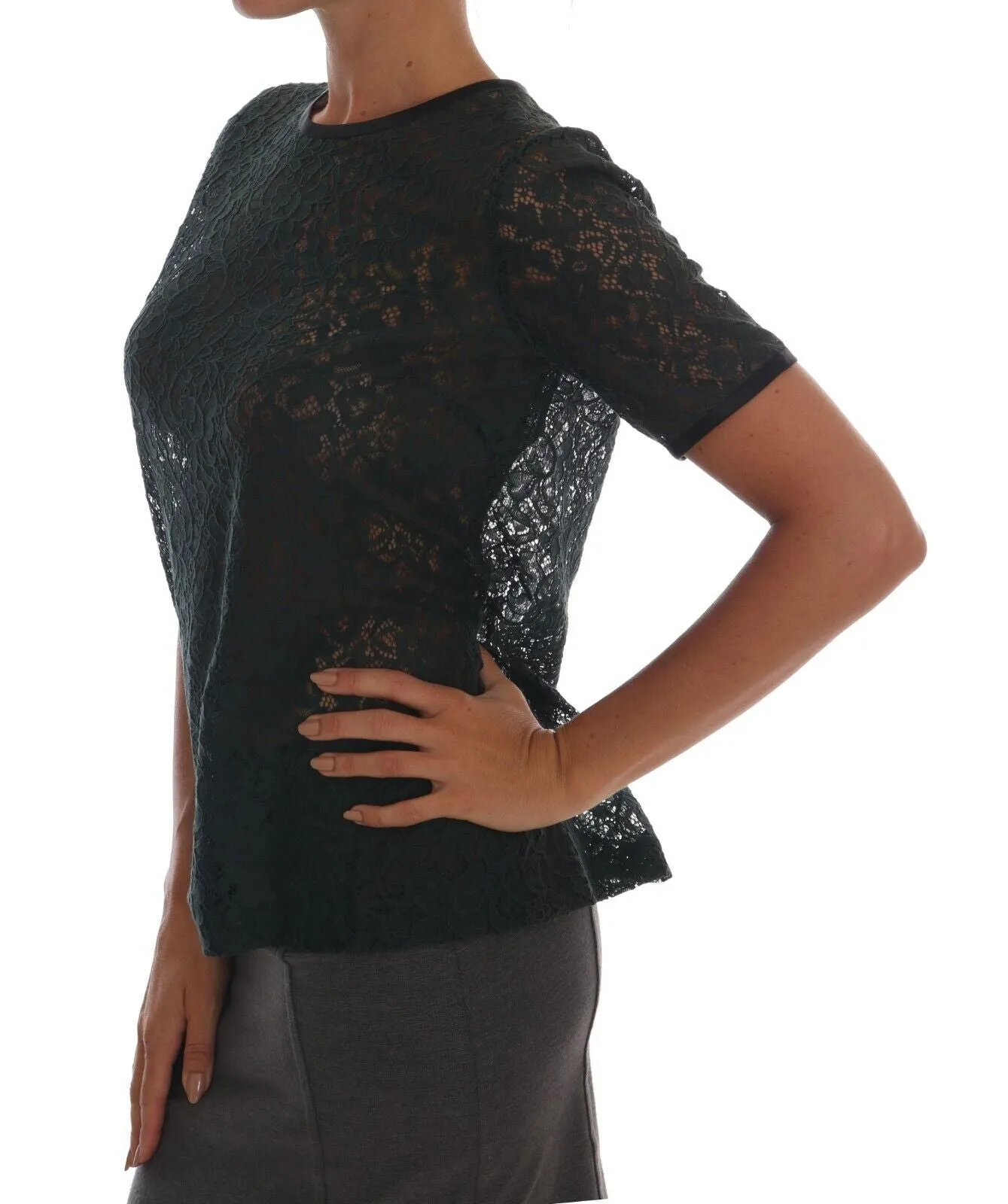 Dark Green Floral Lace Short Sleeve Blouse sold by Louxly product image thumbnail 2