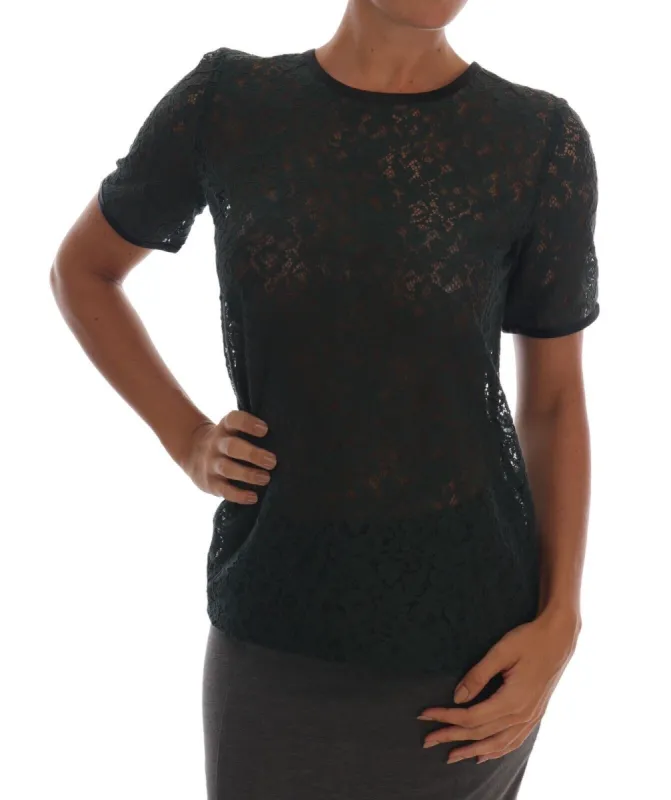 Dark Green Floral Lace Short Sleeve Blouse sold by Louxly