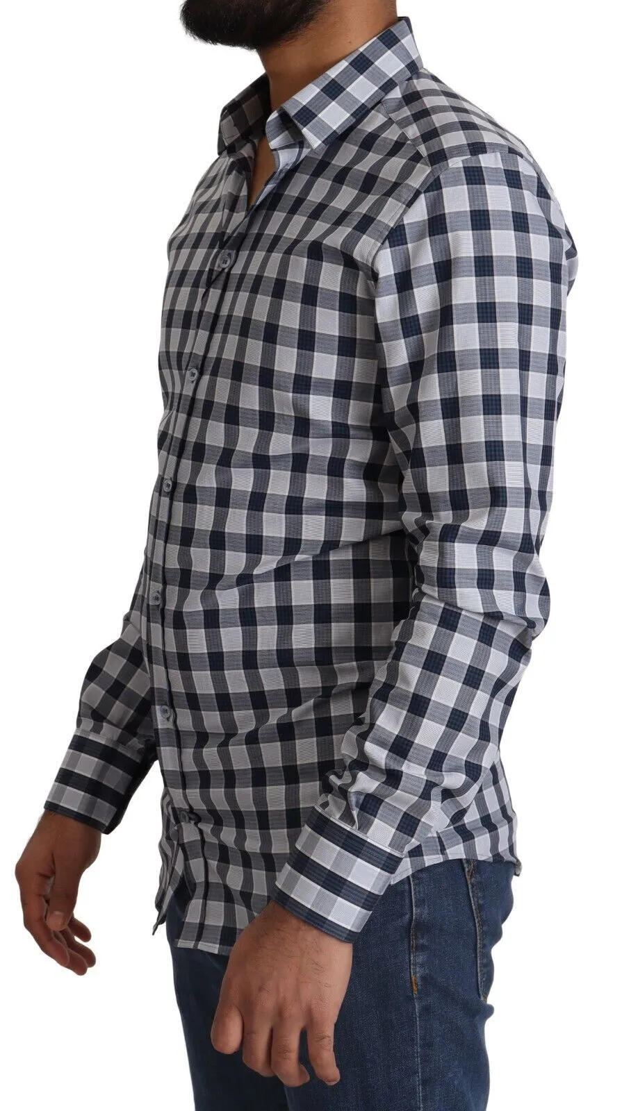 Elegant Blue & White Checkered Slim Fit Dress Shirt sold by Louxly product image thumbnail 2