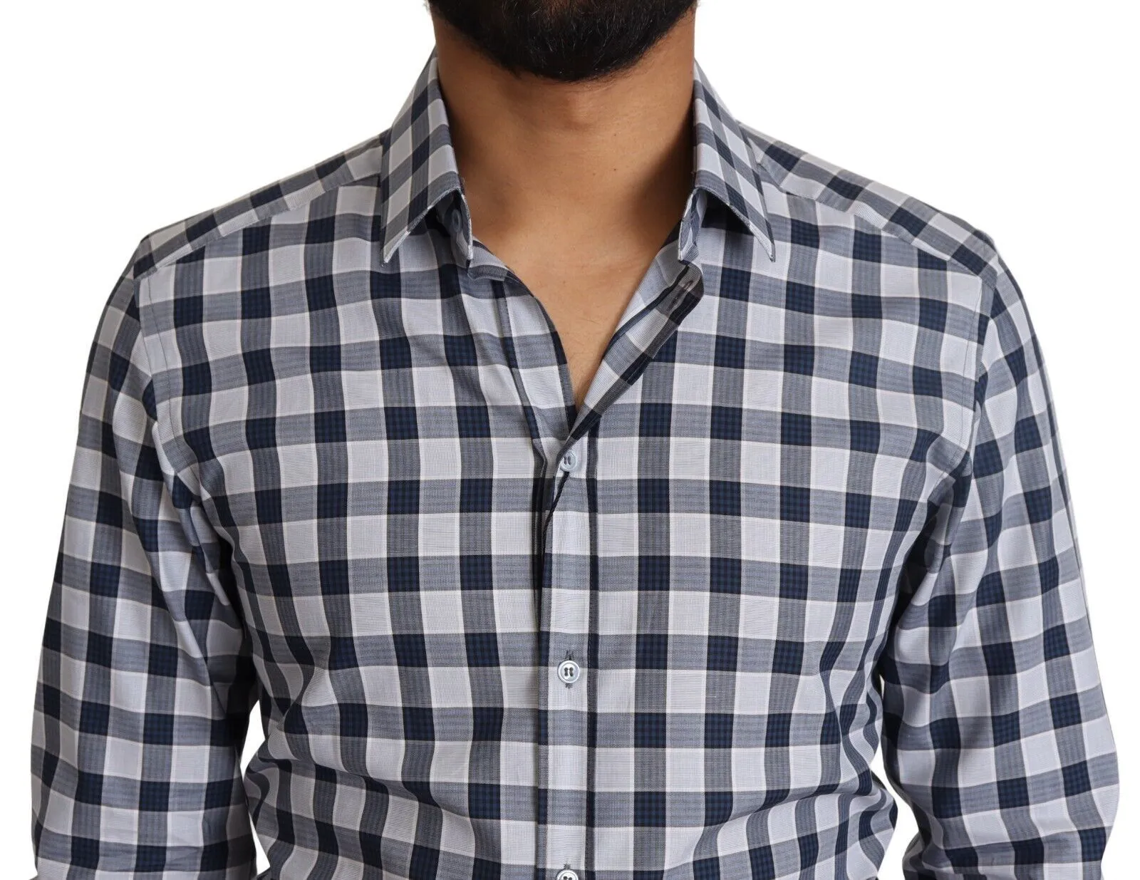 Elegant Blue & White Checkered Slim Fit Dress Shirt sold by Louxly product image thumbnail 4
