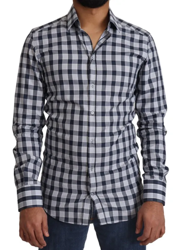Elegant Blue & White Checkered Slim Fit Dress Shirt sold by Louxly