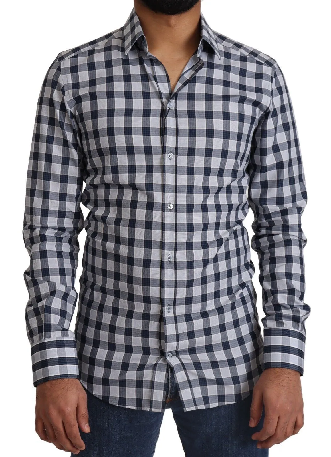Elegant Blue & White Checkered Slim Fit Dress Shirt sold by Louxly