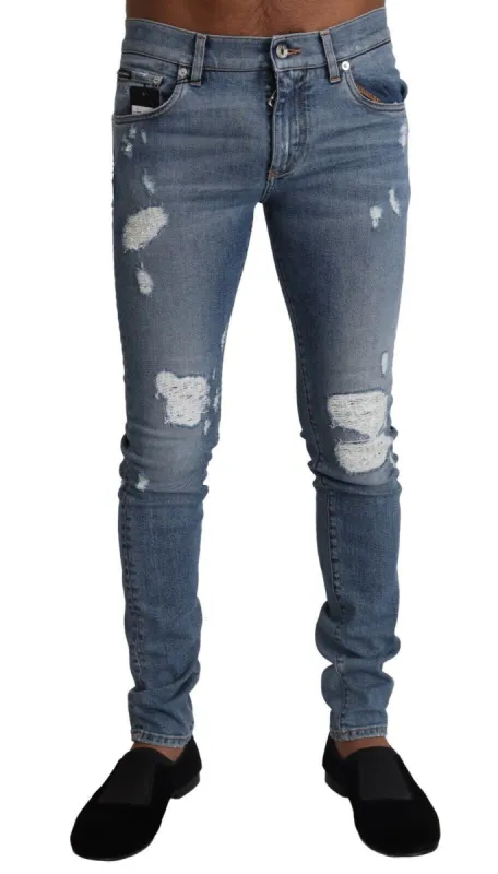Elegant Light Blue Skinny Denim Pants sold by Louxly
