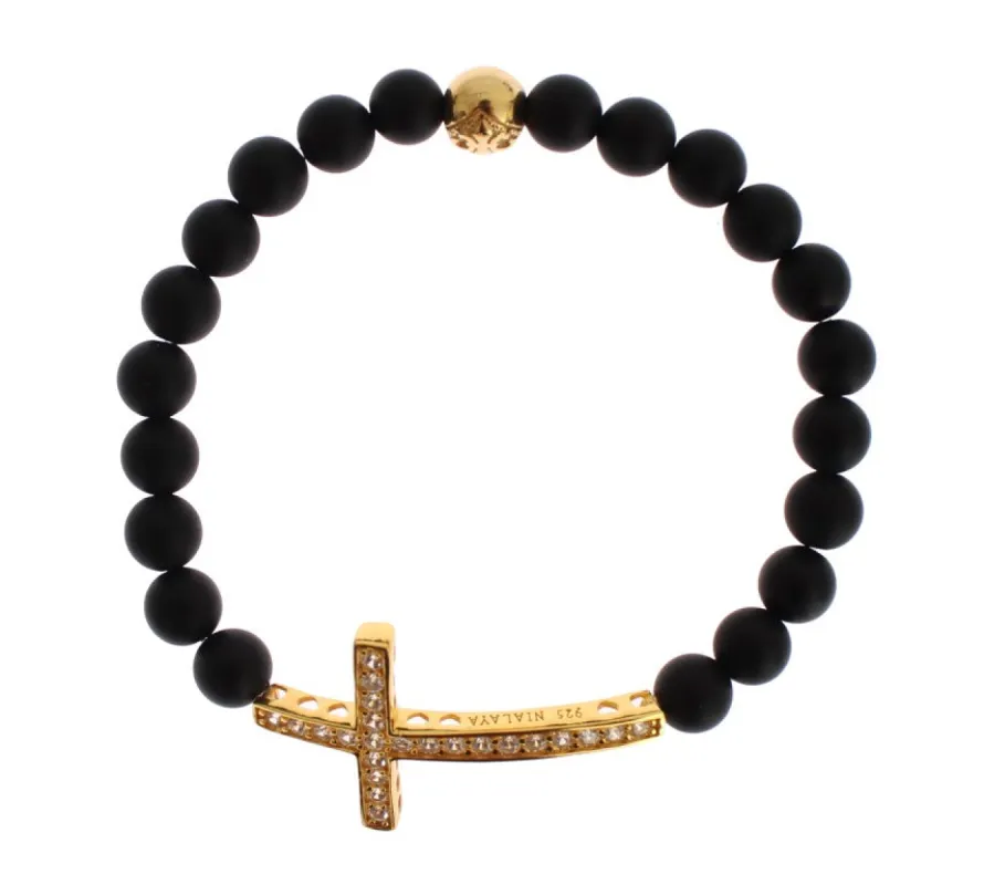 Chic Matte Onyx Bead & CZ Diamond Cross Bracelet sold by Louxly