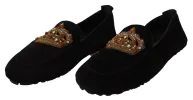 Elegant Black Leather Loafer Slides with Gold Embroidery sold by Louxly