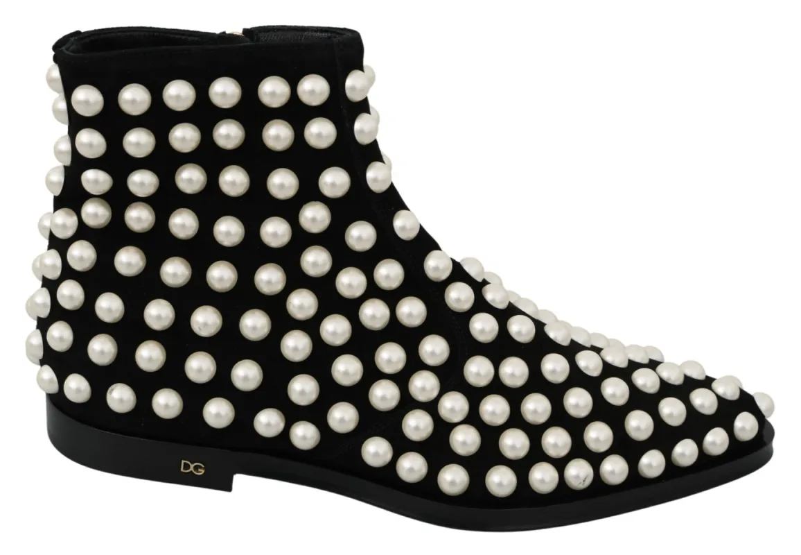 Chic Black Suede Ankle Boots with Pearls sold by Louxly
