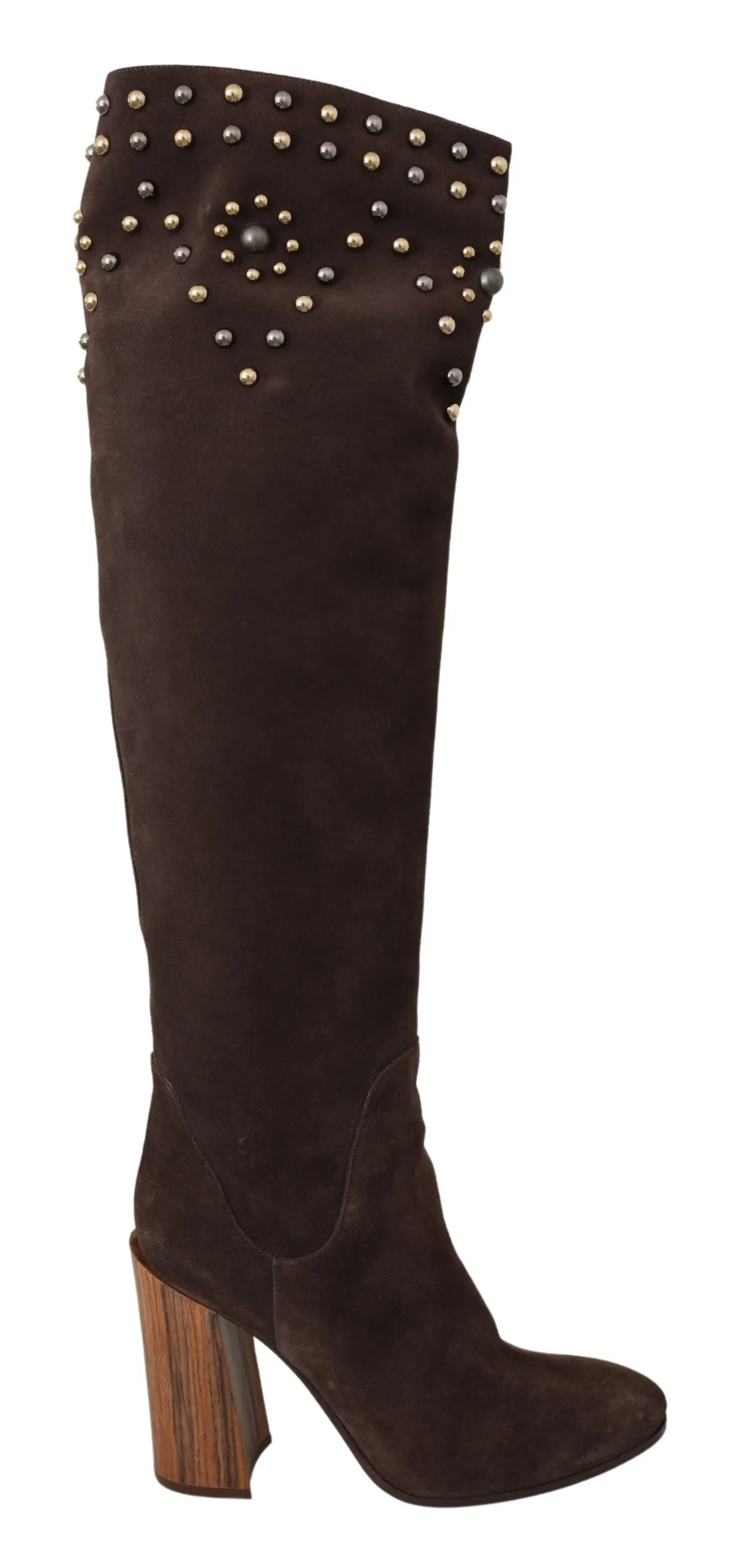 Studded Suede Knee High Boots in Brown sold by Louxly