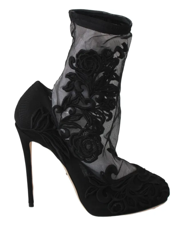Embroidered Floral Stiletto Socks Booties sold by Louxly