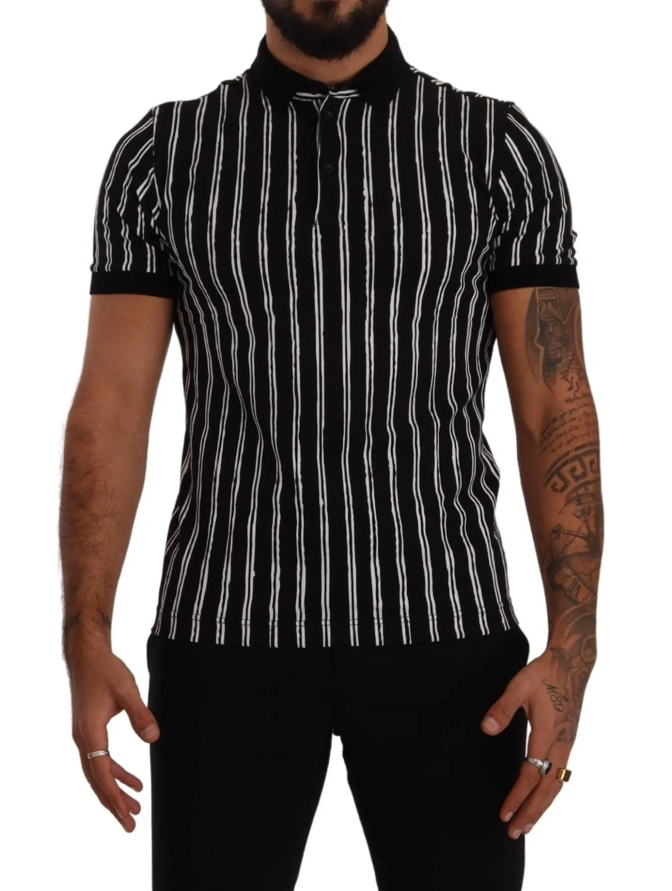Elegant Striped Polo T-Shirt in Black sold by Louxly