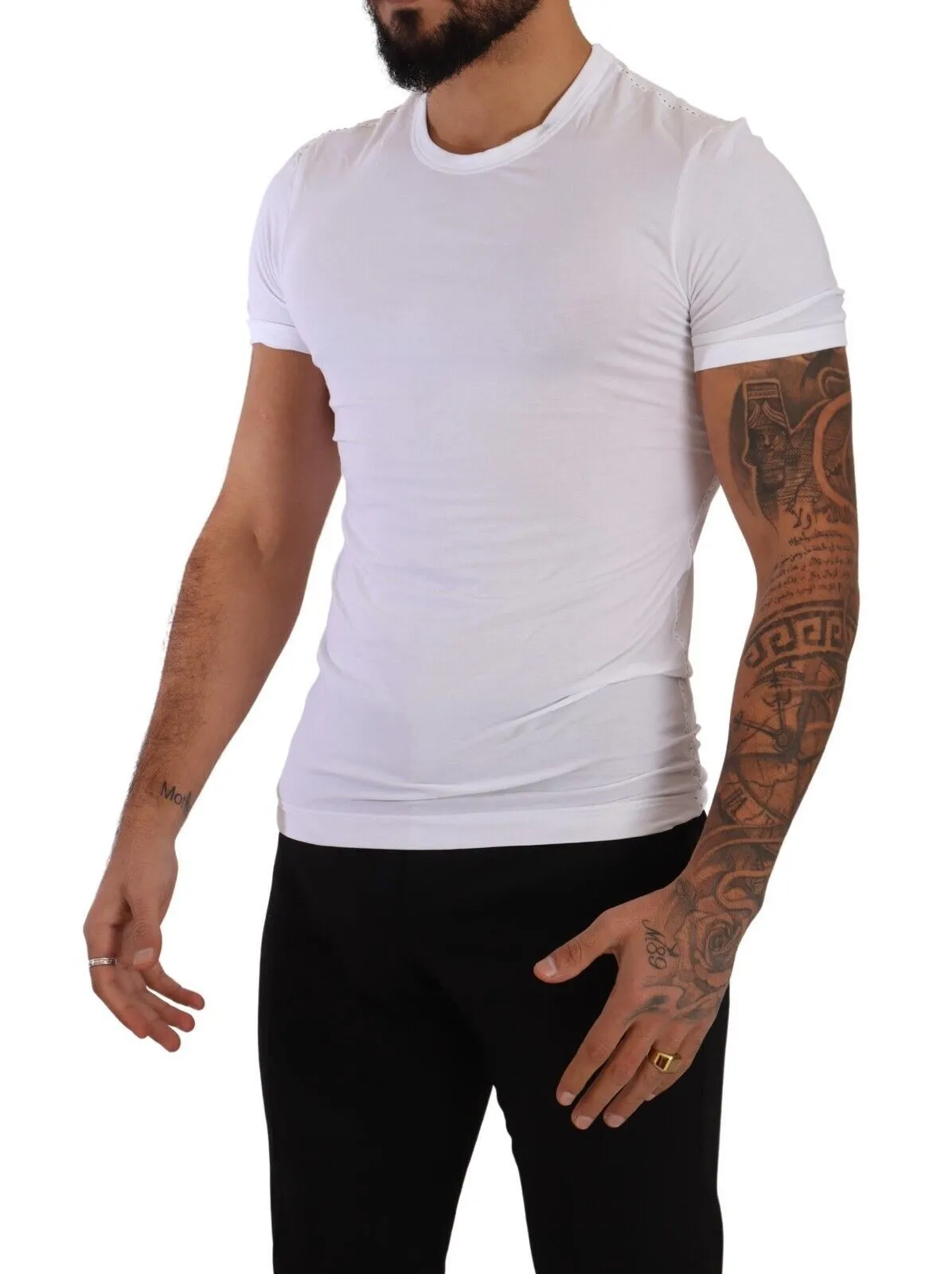 Elegant White Cotton Blend Round Neck Tee sold by Louxly product image thumbnail 2