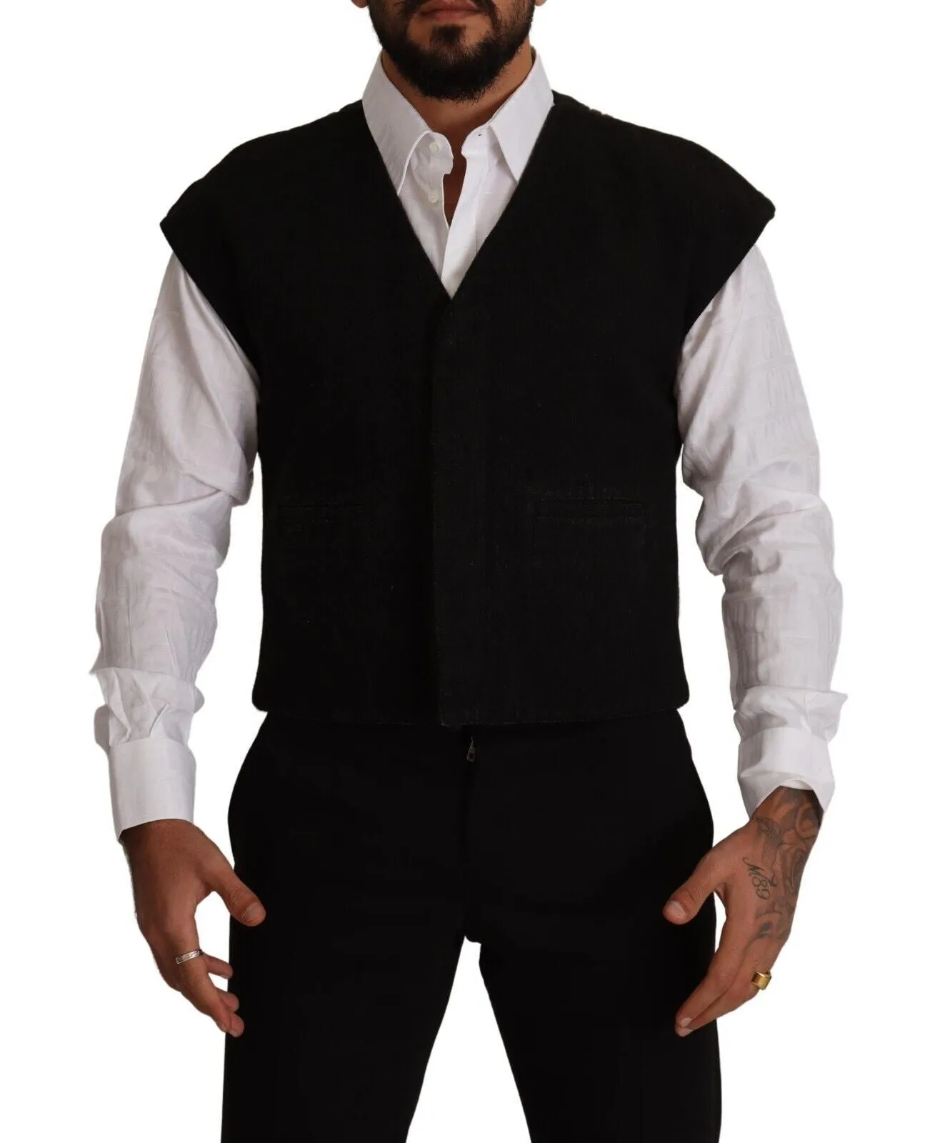 Elegant Black Wool Cotton Dress Vest sold by Louxly