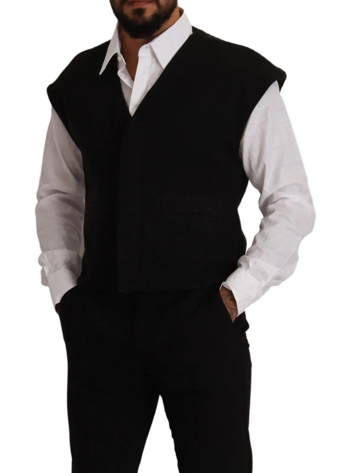 Elegant Black Wool Cotton Dress Vest sold by Louxly product image thumbnail 5