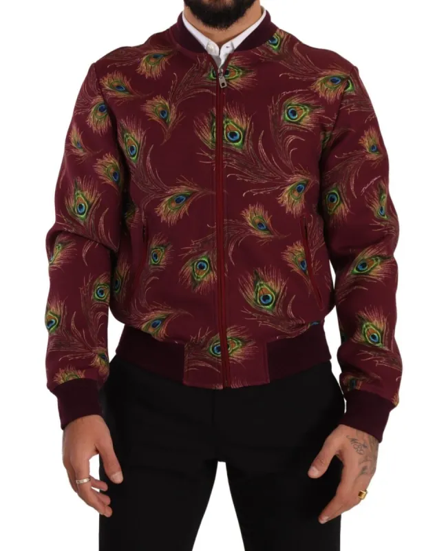 Radiant Red Peacock Print Bomber Jacket sold by Louxly