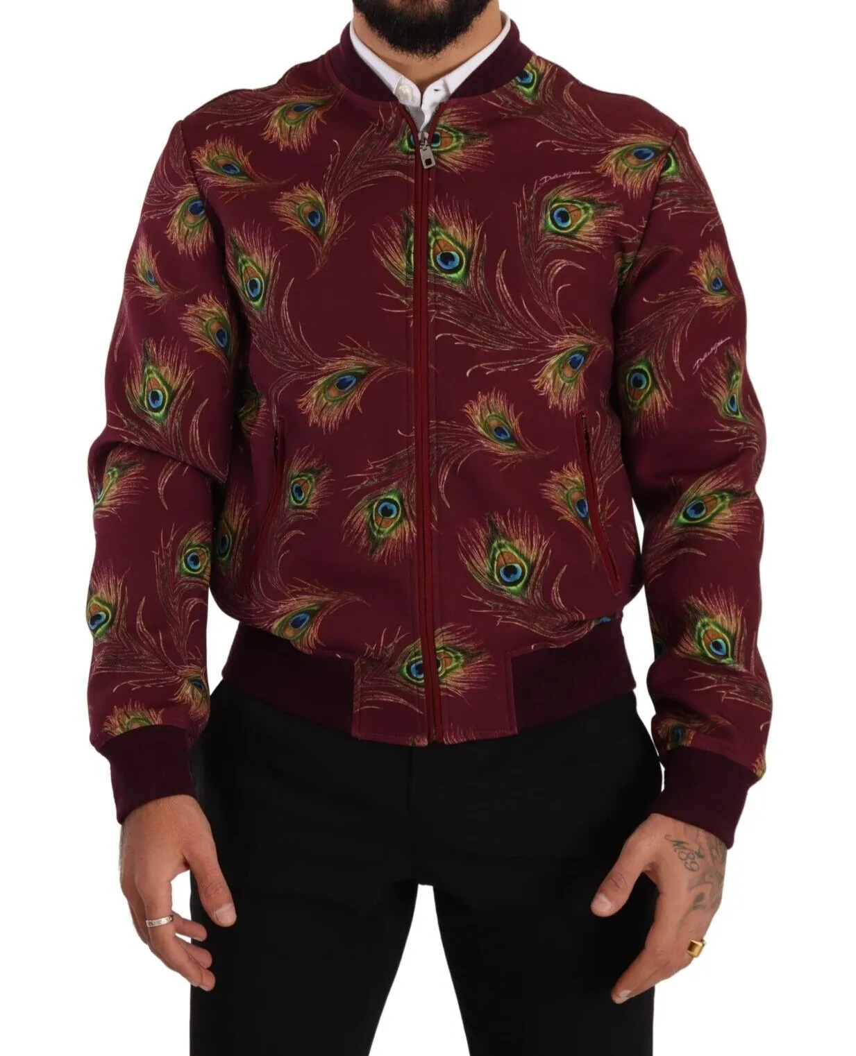 Radiant Red Peacock Print Bomber Jacket sold by Louxly