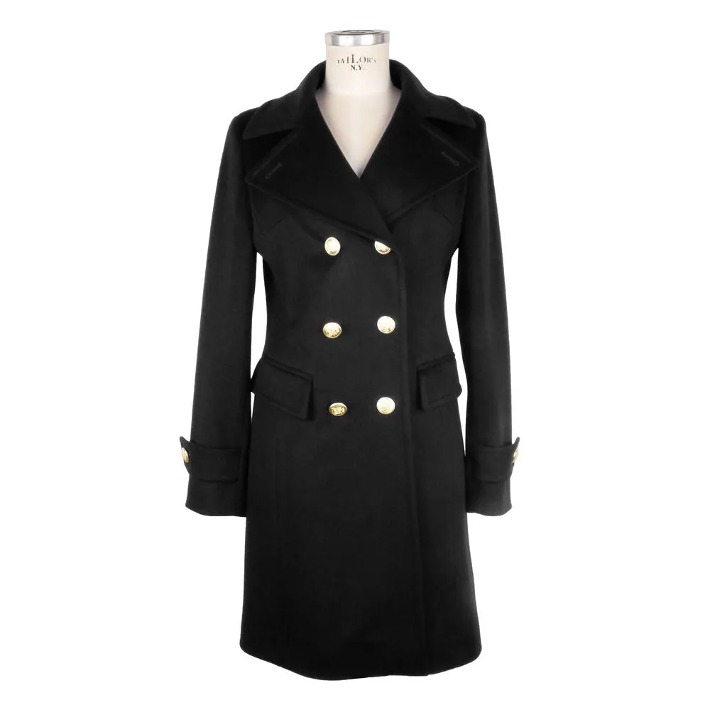 Elegant Black Woolen Coat with Gold Buttons sold by Louxly